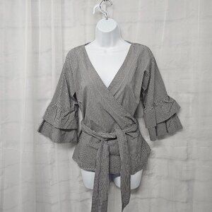 LOFT Black and White Gingham Wrap Blouse with Ruffle Sleeves